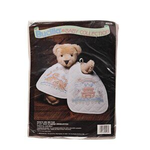 Bucilla Baby Stamped Cross-Stitch Kit Noahs Ark Bib Pair 40528 NEW